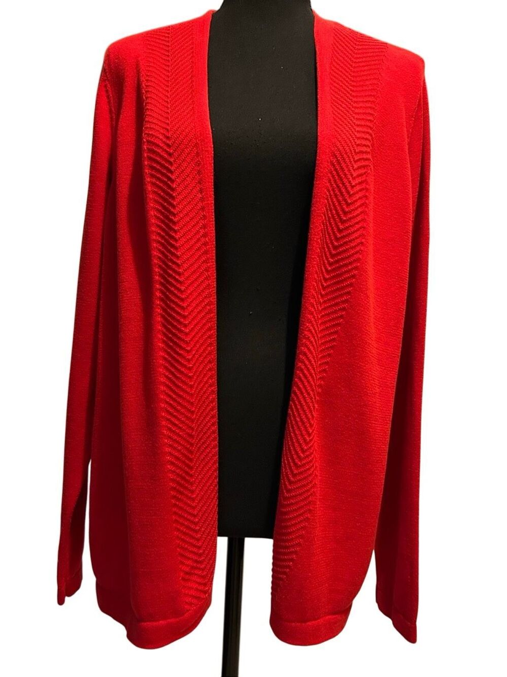 Liz Claiborne Women XL Red Chevron Knit Trim Open Front Long Slv Cardigan Sweate